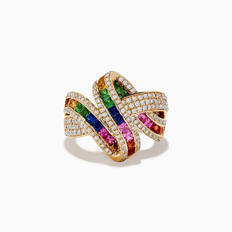 Watercolor 14k Yellow Gold Multi Sapphire and Diamond Ribbon Ring