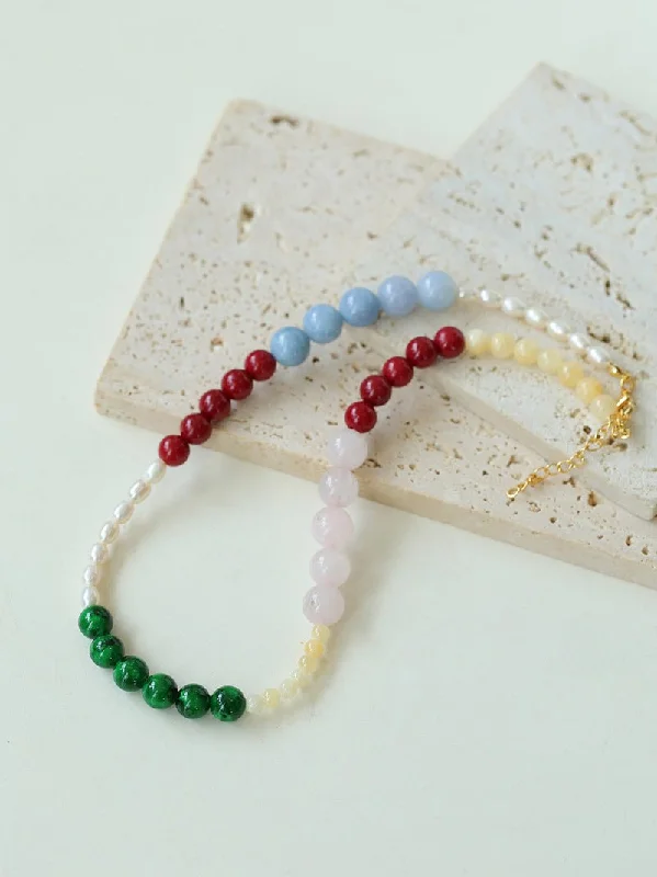 Vibrant Multicolored Gemstone and Pearl Beaded Necklace-Red Green Necklace