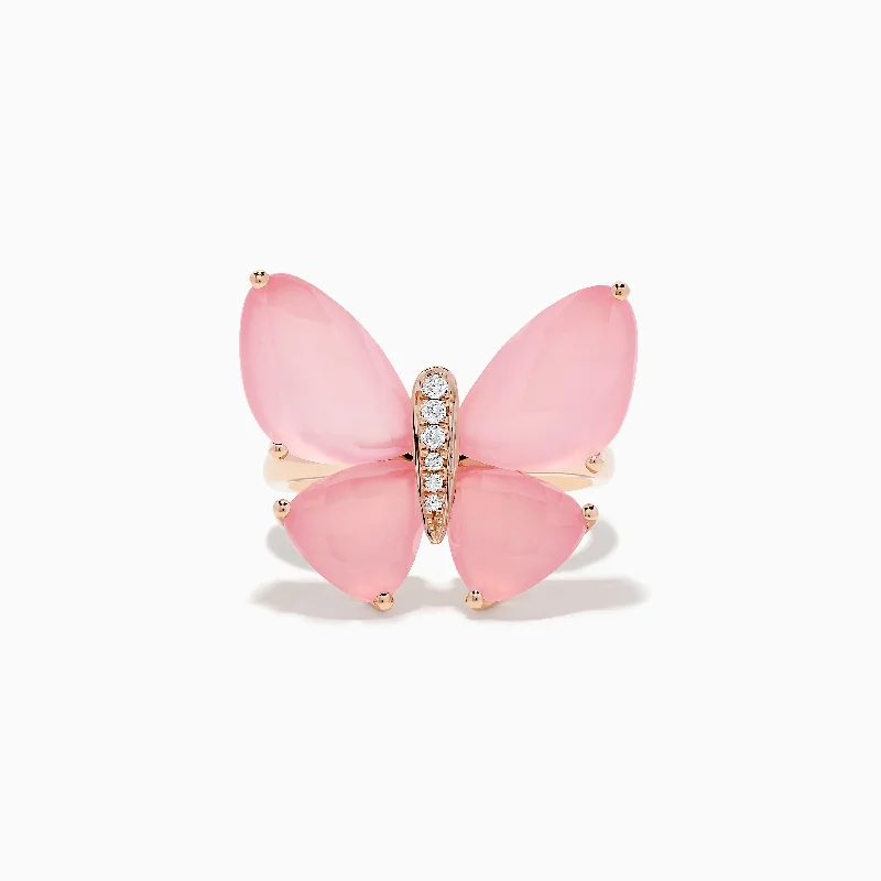 Nature 14K Rose Gold Rose Quartz and Diamond Butterfly Ring