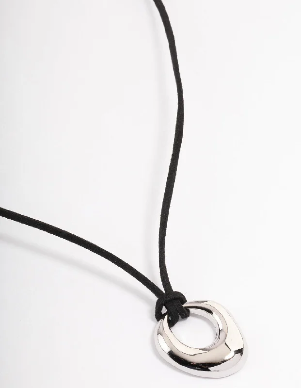 Silver Organic Oval Suede Cord Necklace