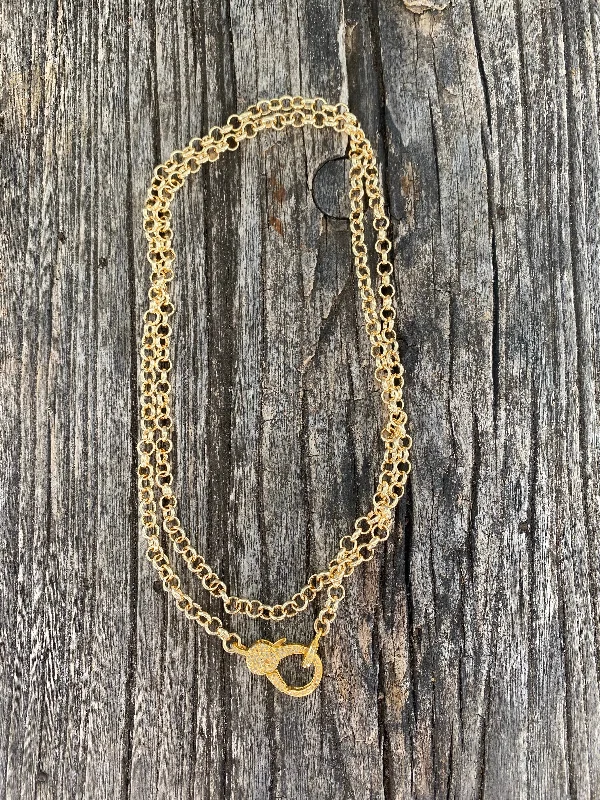 Gold Plated Rolo Chain Necklace with Pave Diamond Clasp