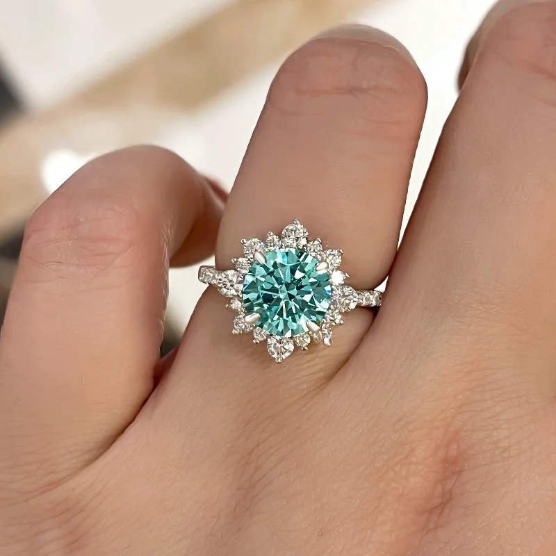 Snowflake Round Cut Cyan Blue Engagement Ring In Sterling Silver