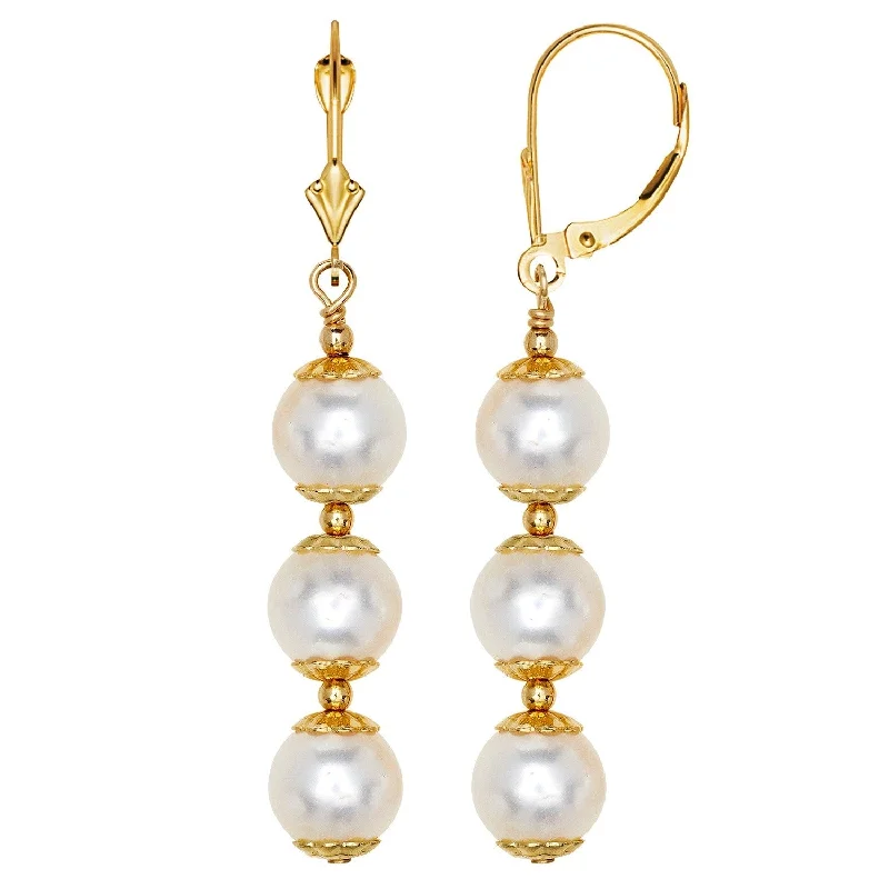 Curata 14k Beaded 6mm Freshwater Cultured Pearl Triple Dangle Lever Back Earrings