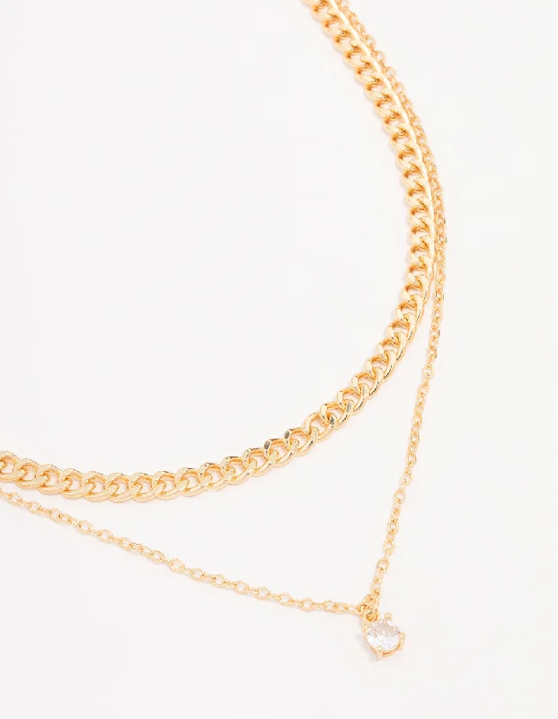 Gold Plated Diamante Curb Chain Necklaces 2-Pack