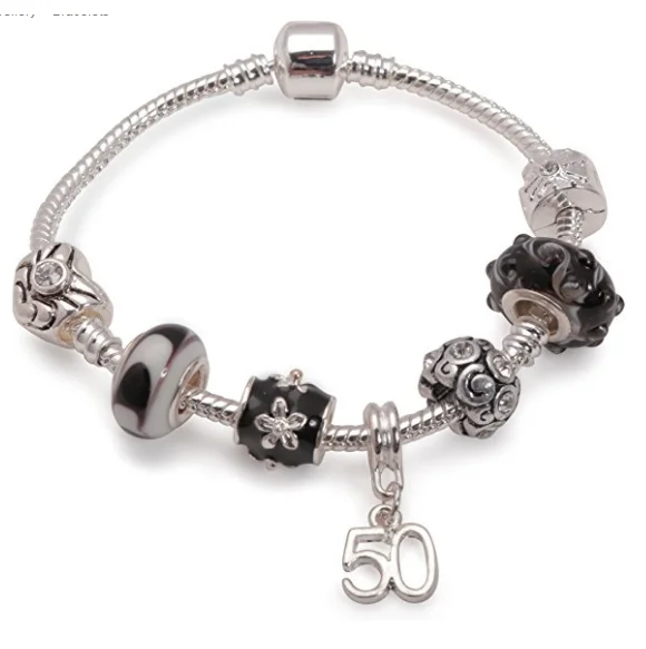 Age 50 'Black Magic' Silver Plated Charm Bead Bracelet