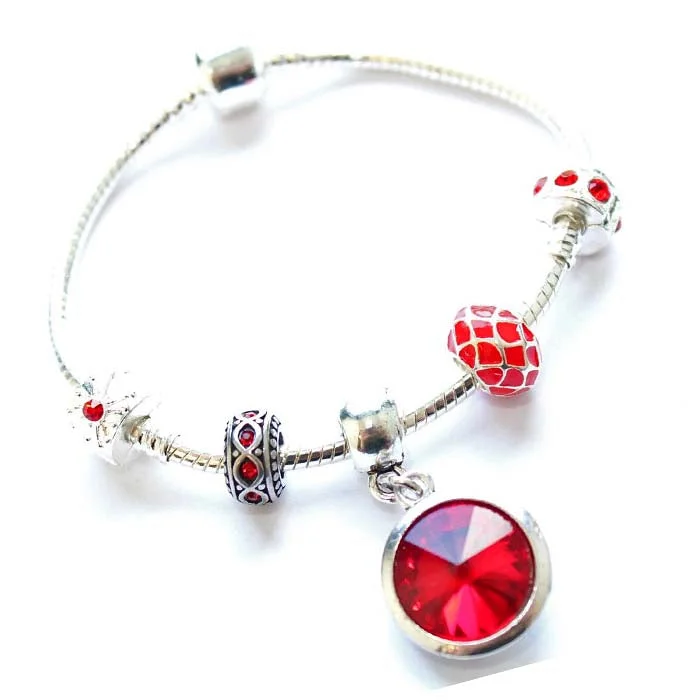 Teenager's 'July Birthstone' Ruby Colored Crystal Silver Plated Charm Bead Bracelet