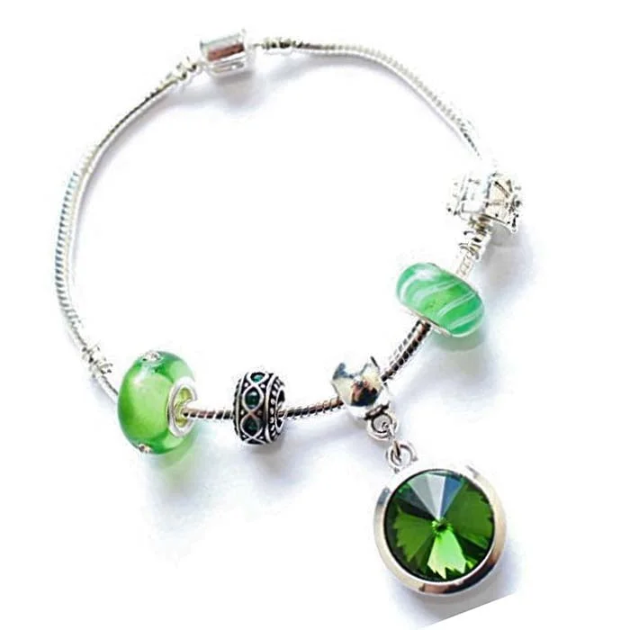 Teenager's 'May Birthstone' Emerald Colored Crystal Silver Plated Charm Bead Bracelet