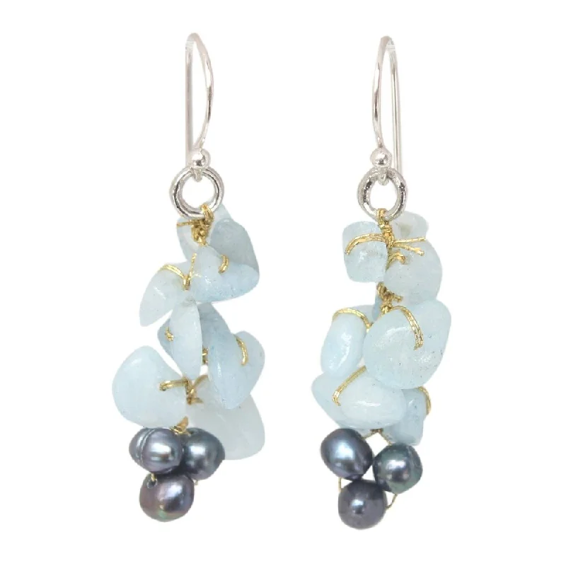 Handmade Silver 'Afternoon Sigh' Pearl Aquamarine Earrings (4 mm) (Thailand) - Blue - 1.7*0.5