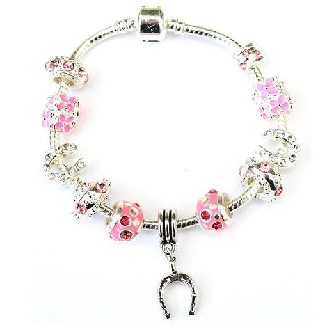 Teenagers 'Pink Sparkle Good Luck Horseshoe' Silver Plated Charm Bracelet