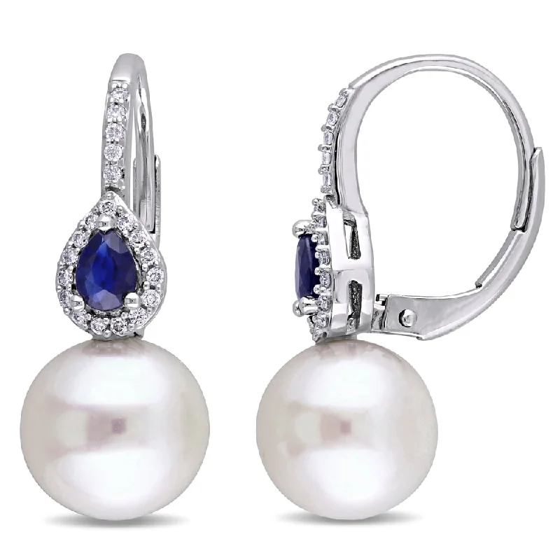 Miadora 14k White Gold Cultured Freshwater Pearls Sapphire and 1/8ct TDW Diamond Leverback Earrings (G-H, SI1-SI2) (9-9.5mm)