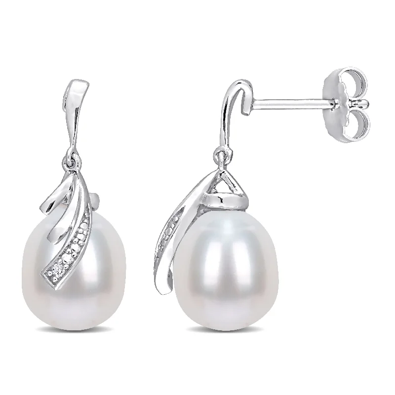 Miadora Sterling Silver Cultured Freshwater Pearl and Diamond Accent Feather Drop Earrings (8-8.5mm)