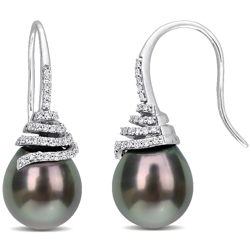 Miadora Black Tahitian Cultured Pearl and 1/3ct TDW Diamond Swirl Hook Earrings in 14k White Gold