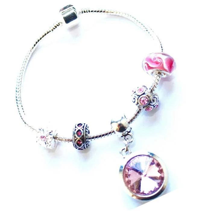 Teenager's 'October Birthstone' Rose Colored Crystal Silver Plated Charm Bead Bracelet