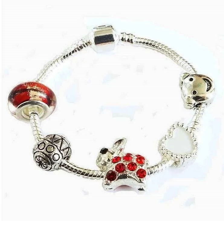 Children's Red Easter 'Bunny Dream' Silver Plated Charm Bead Bracelet