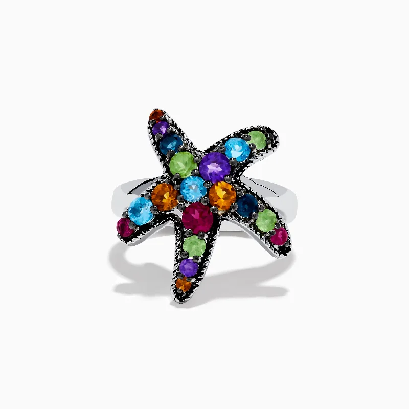 925 Sterling Silver Multi Color Gemstone Starfish Ring