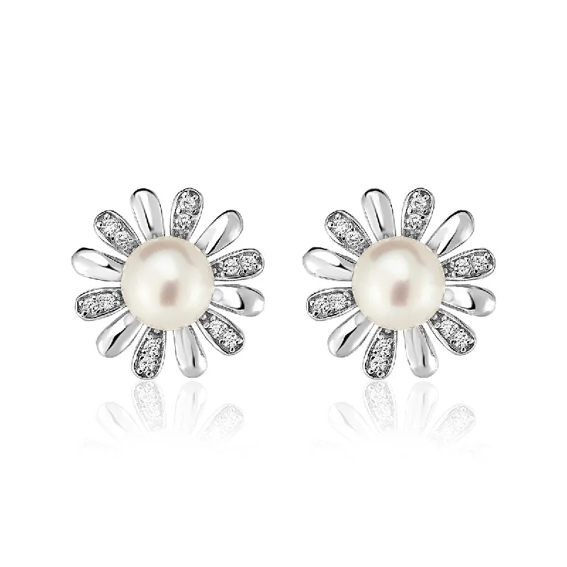 Sterling Silver Earrings with Sun Motifs and Freshwater Pearls