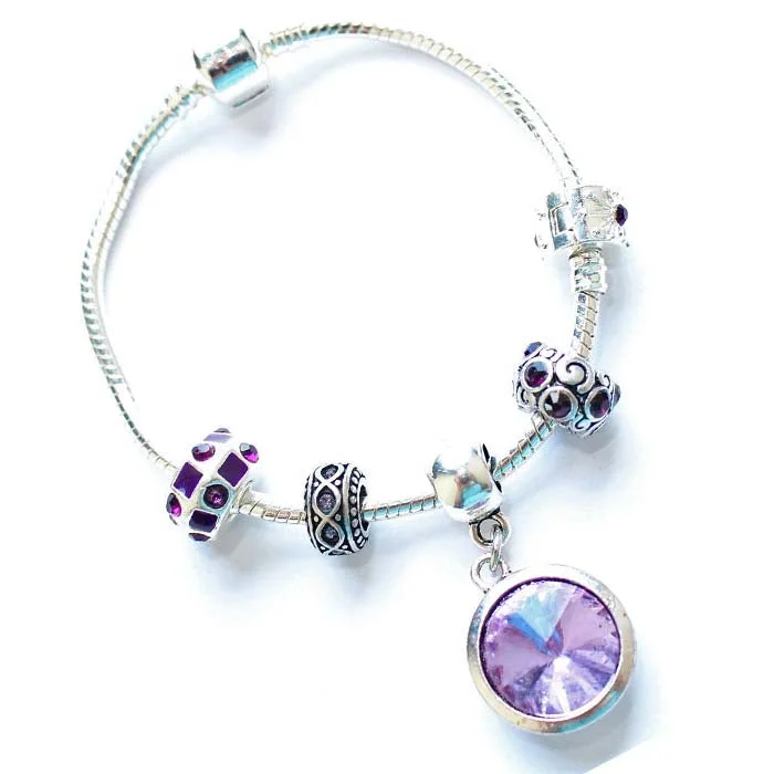 Teenager's 'June Birthstone' Amethyst Colored Crystal Silver Plated Charm Bead Bracelet