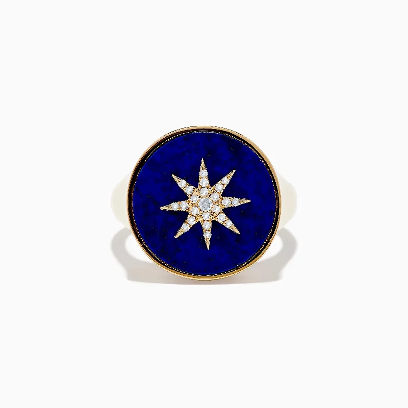 14K Yellow Gold Lapis and Diamond Compass Ring