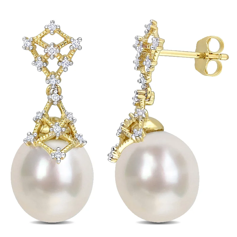 Miadora White South Sea Cultured Pearl & 1/7ct TDW Diamond Floral Dangle Earrings in 14k Yellow Gold