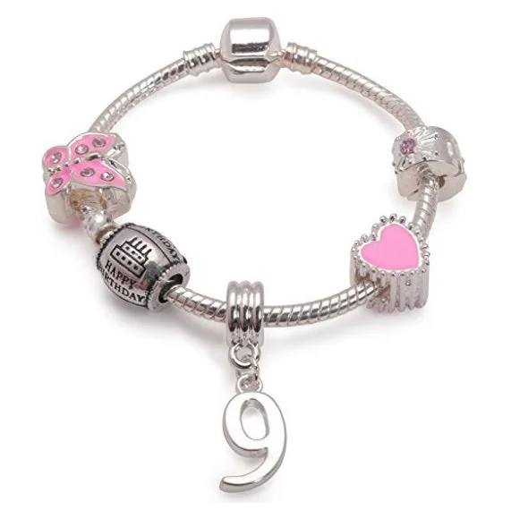 Children's Pink 'Happy 9th Birthday' Silver Plated Charm Bead Bracelet