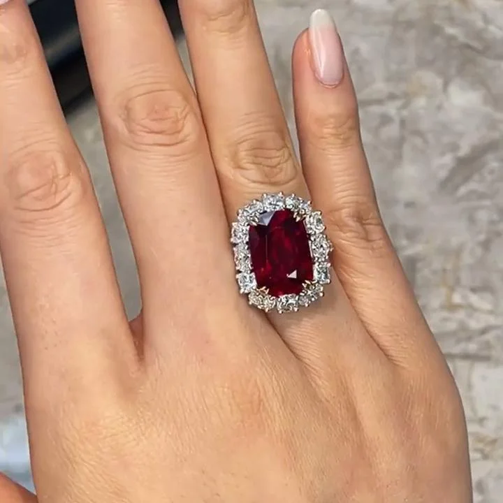 Sparkling Halo Ruby Cushion Cut Party & Engagement Ring