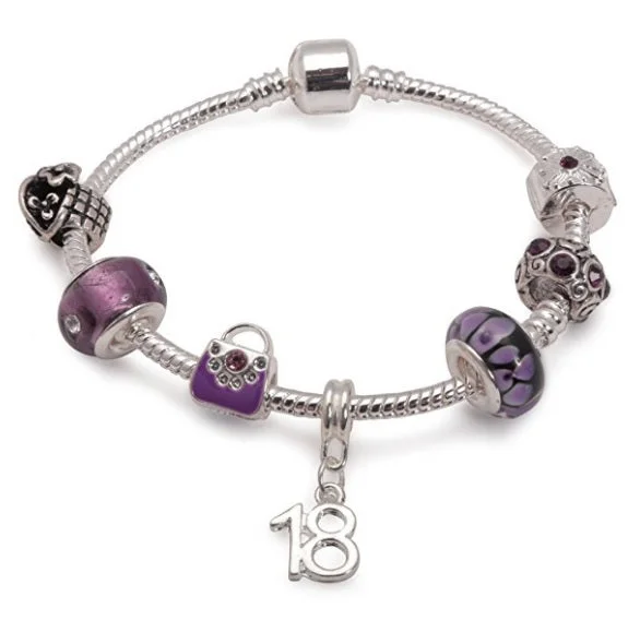 Age 18 'Purple Fleur' Silver Plated Charm Bead Bracelet