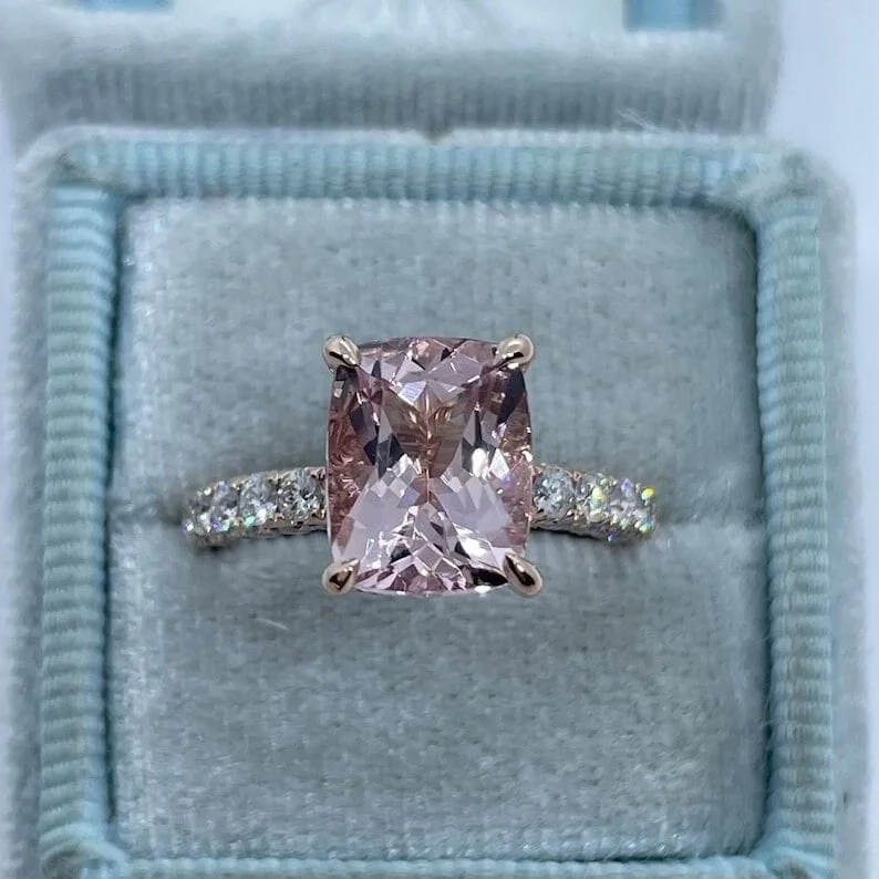 Hidden Halo Cushion Cut Rose Gold Half Eternity Engagement Ring