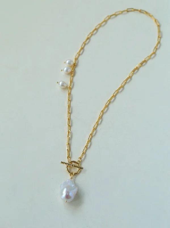 Suqare Chain Baroque Pearl Clip-on Pendants Necklace