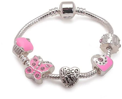 Children's Niece 'Pretty in Pink' Silver Plated Charm Bead Bracelet