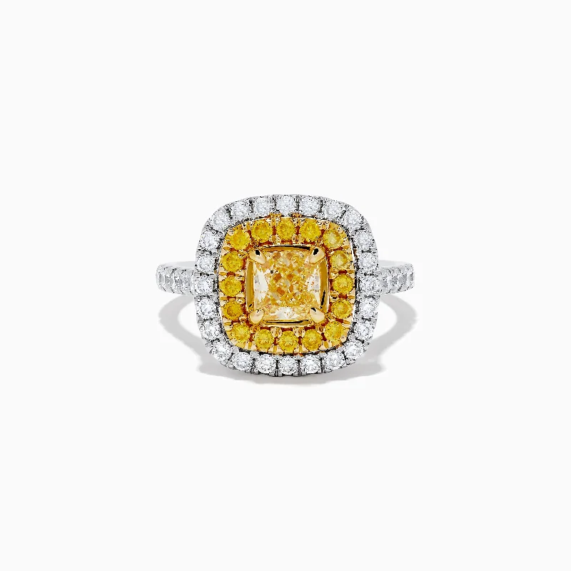 Canare 14k Two Tone Gold Cushion Cut Double Halo Yellow Diamond Ring 1.86 TCW