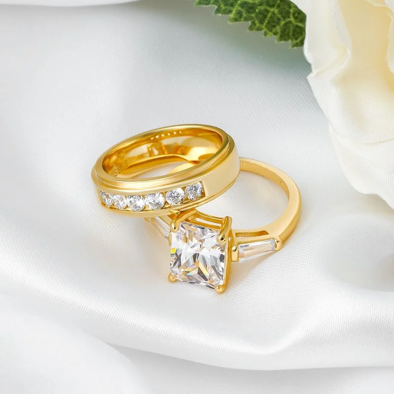 Luxury Golden Tone "Dreamy Wedding" Inspired Sterling Silver Couple Engagement Ring