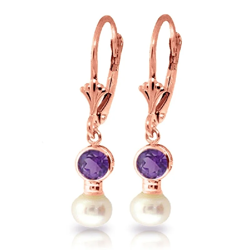 5.2 Carat 14K Solid Rose Gold Leverback Earrings pearl Amethyst