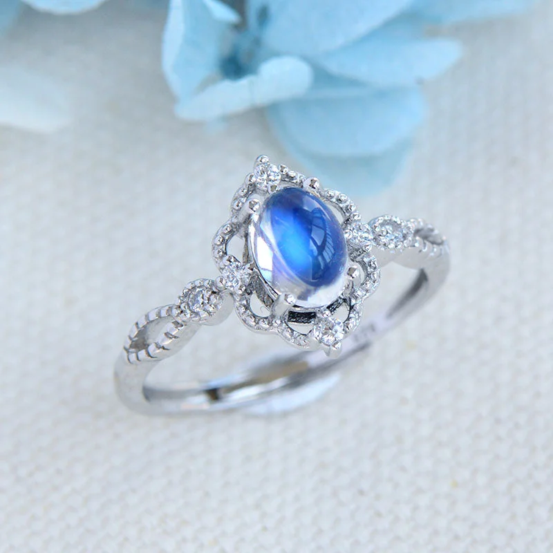 Women's Sterling Silver Blue Moonstone Wedding Ring Engagement Rings For Women