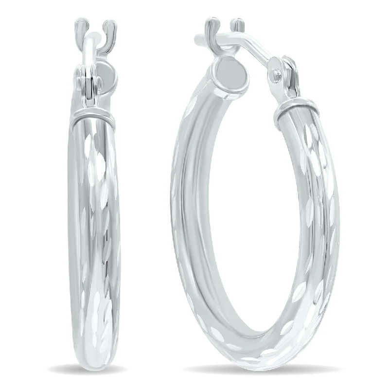 Marquee Jewels 10K White Gold Shiny Diamond Cut Engraved Hoop Earrings (16mm)