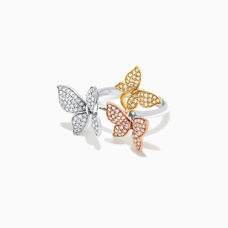 Trio 14K Tri Color Gold Diamond Butterfly Ring, 0.66 TCW