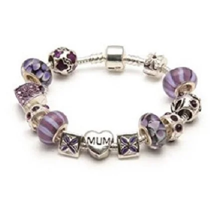 Mum 'Purple Orchid' Silver Plated Charm Bead Bracelet