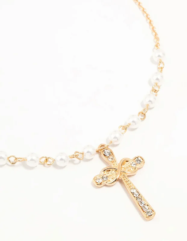 Gold Pearl Cross Diamante Pendant Necklace