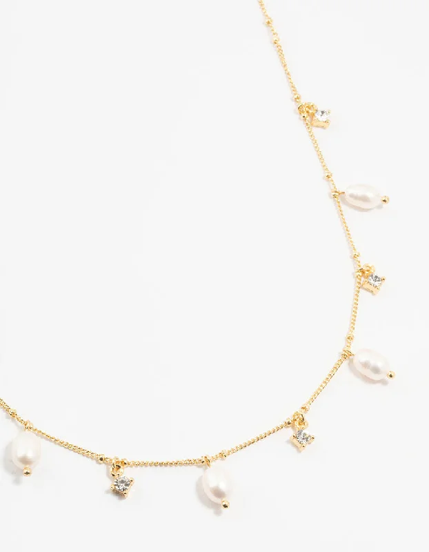 Gold Plated Alternating Pearl & Cubic Zirconia Station Necklace