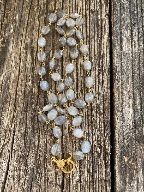 Grey Beaded Moonstone Necklace with Gold Pave Diamond Clasp