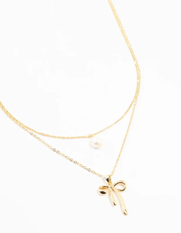 Gold Plated Brass Bow & Pearl Layered Necklace