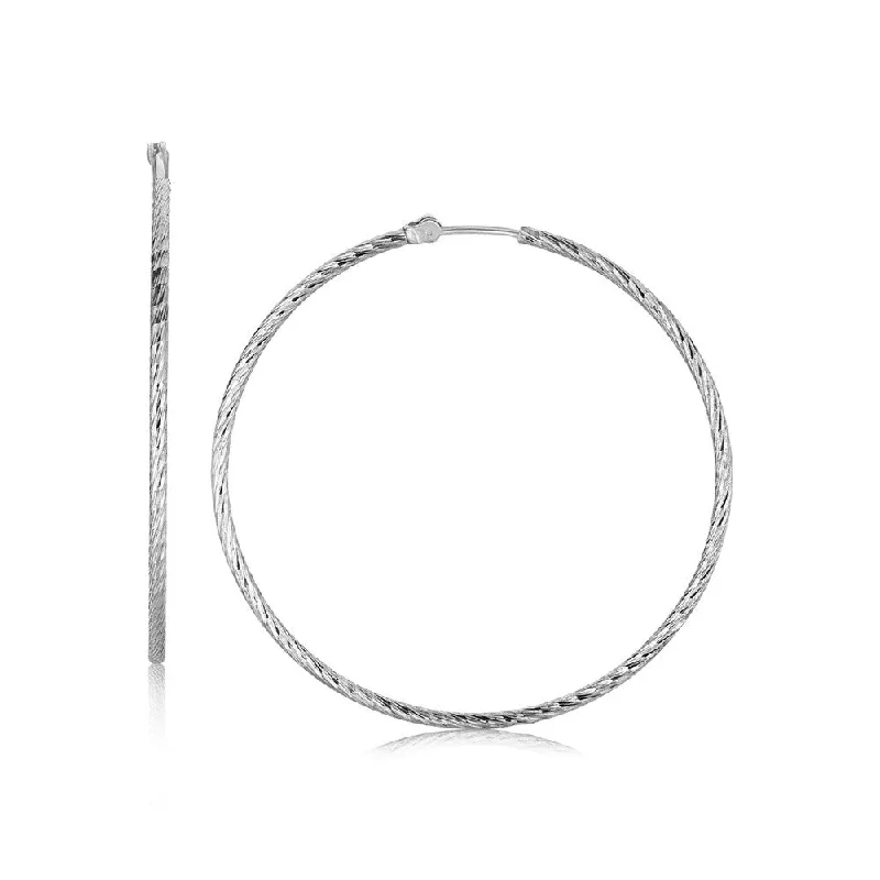 Sterling Silver Thin Diamond Cut Hoop Earrings with Rhodium Plating (45mm)