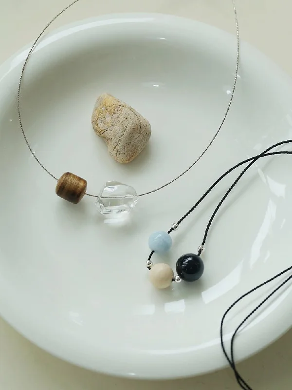 Three-Bead Natural Stone Long Black Cord Sliding Necklace