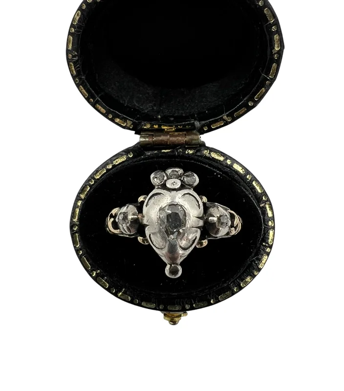 Georgian Heart And Crown Diamond Silver Gold Ring Circa 1800