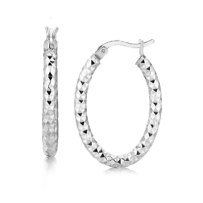 Sterling Silver Thick Oval Motif Hoop Diamond Cut Earrings with Rhodium Plating