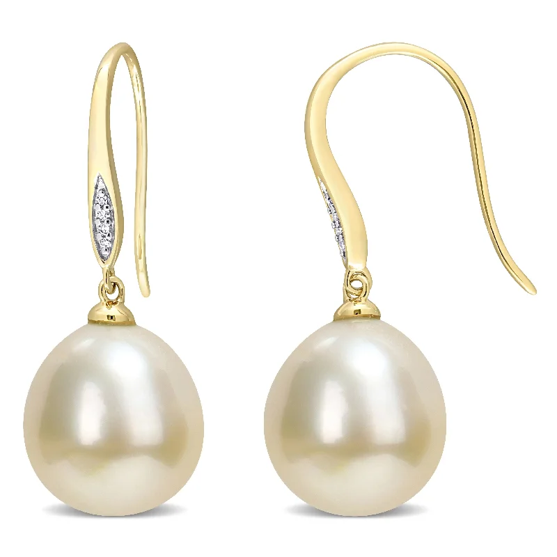 Miadora Golden South Sea Pearl & Diamond Accent Hook Earrings in 10k Yellow Gold (12-12.5mm)