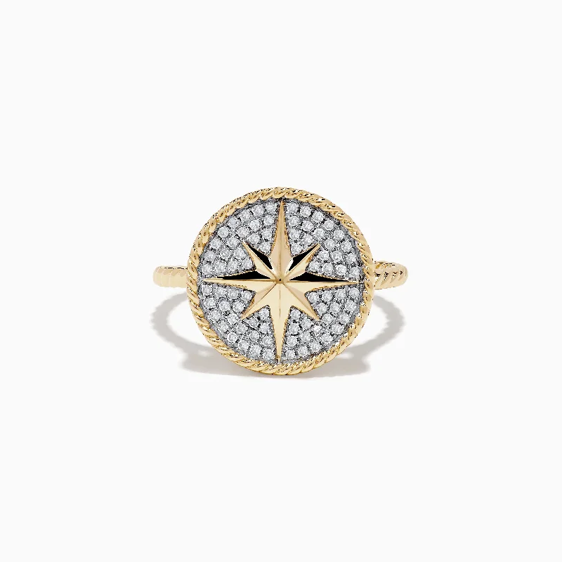 Novelty 14 Karat Yellow Gold Diamond Compass Ring