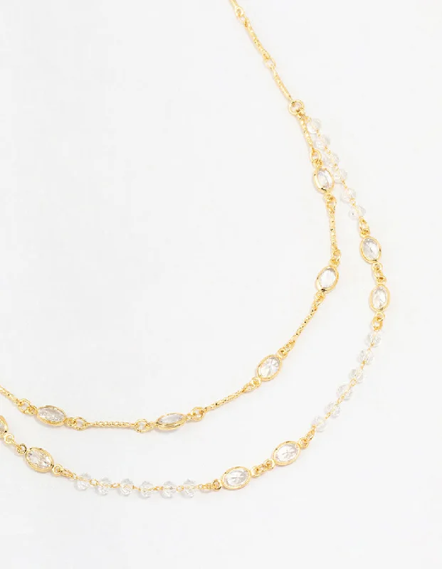 Gold Plated Brass Crystal Layered Necklace