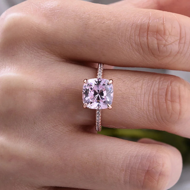 Rose Golden Pink Cushion Cut Halo Engagement Ring