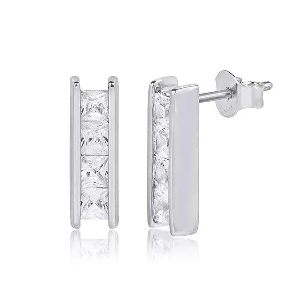 Womens 1.25 Ct Rectangular Princess Cut Stud Earrings Sterling Silver