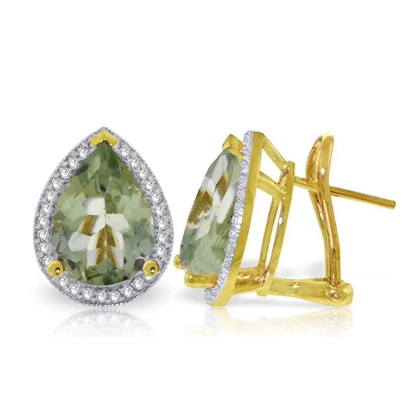 6.82 Carat 14K Solid Gold French Clips Earrings Diamond Green Amethyst